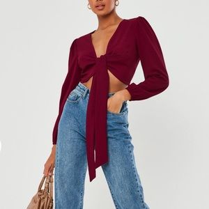 Burgundy tie front crop top